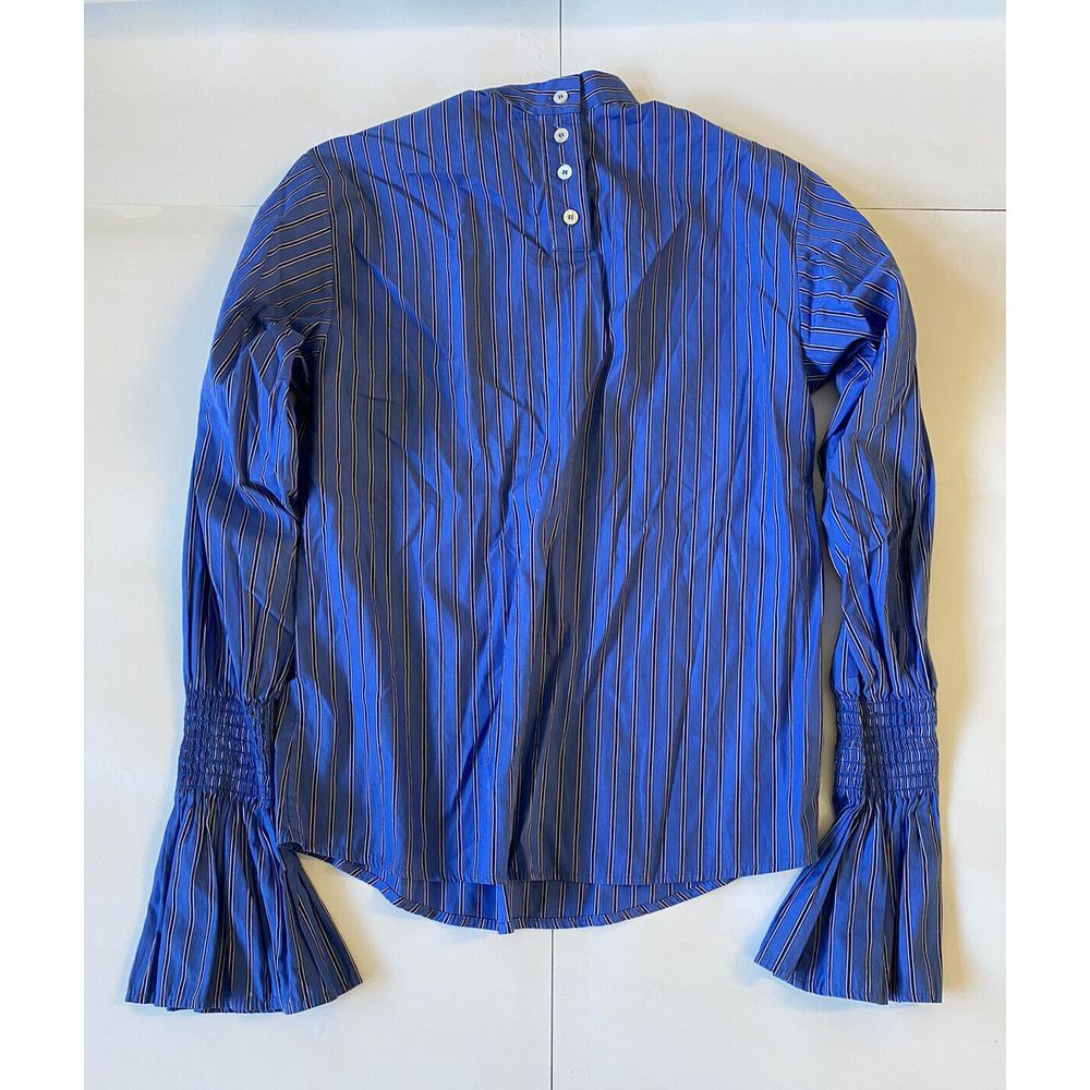 Maggie Marilyn Ruffled Sleeve‎ Striped Poplin Shirt Blue Blouse Button Up